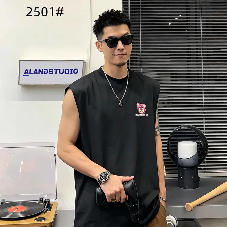 特价清!2501草莓熊背心坎肩刺绣AB面休闲情侣款运动宽松夏季