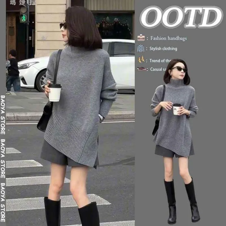 冬季时尚休闲套装女新款轻熟风气质灰色针织衫显瘦短裤两件套装潮