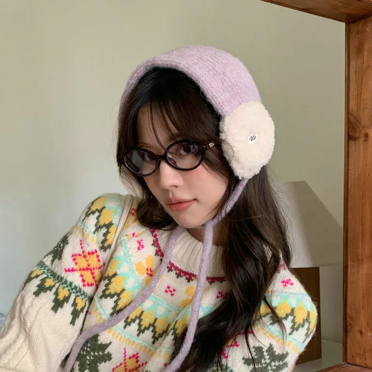 甜美学院风~简约拼接针织羊羔毛保暖护耳耳套女系带防风耳套耳捂
