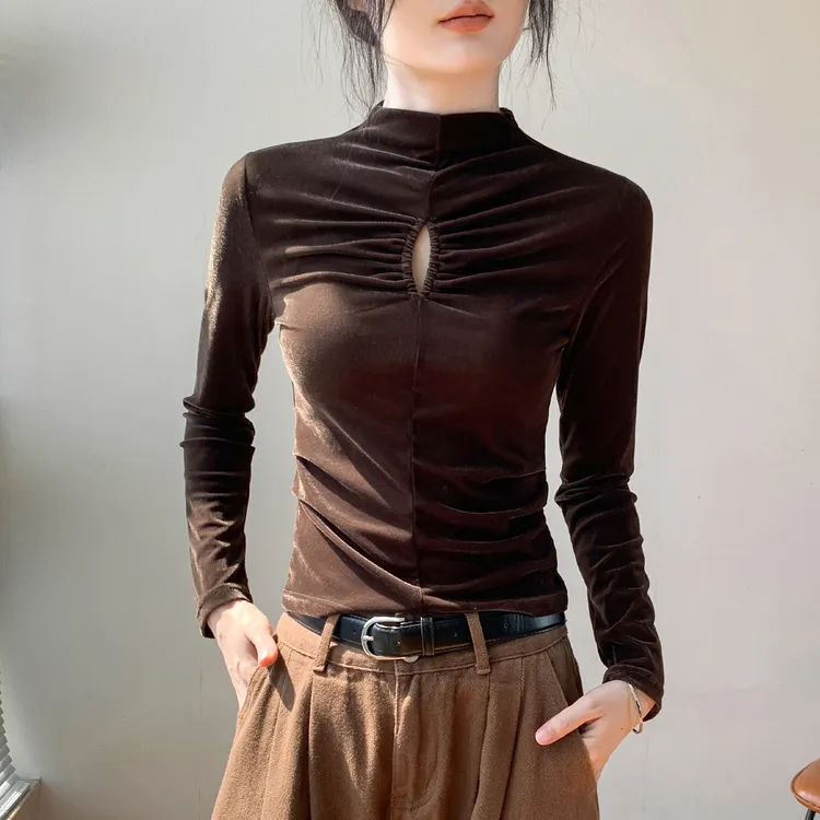 镂空金丝绒内搭打底衫上衣女2025秋季新款高级流行半高领长袖T恤