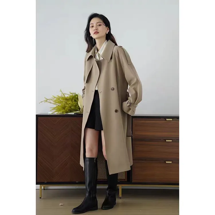 2025新款双排扣休闲风衣女高级感风衣中长款上衣外套(B19-3)6822