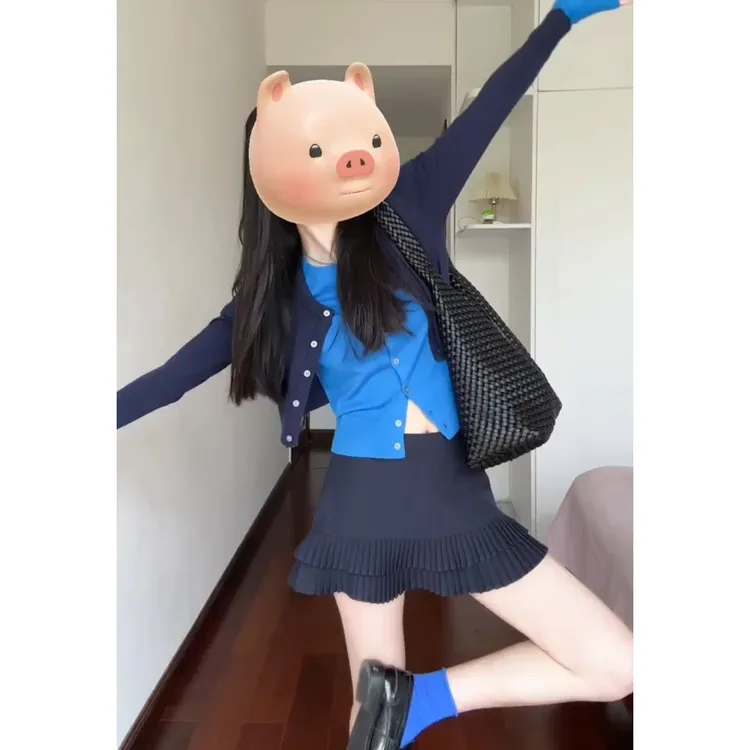 MARIE.COCO韩系chic假两件撞色开衫上衣女小个子洋气时尚半身短裙