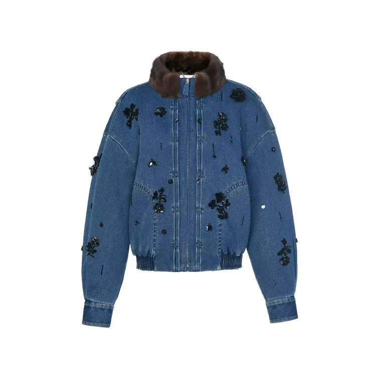 LeFame/拉飞姆25冬领口撞色设计珠饰牛仔皮草外套LF25D31KC115