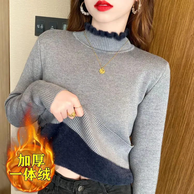 一体绒加绒加厚半高领针织打底衫秋冬季新品修身内搭洋气毛衣女装