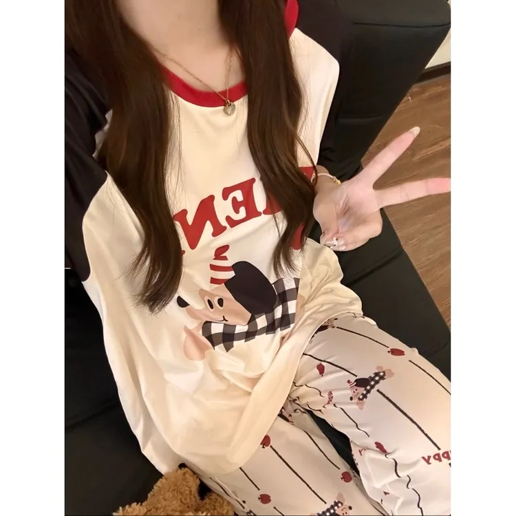韩系夏季新款轰轰小狗印花短袖睡衣女款夏季新款大码长裤居家套装