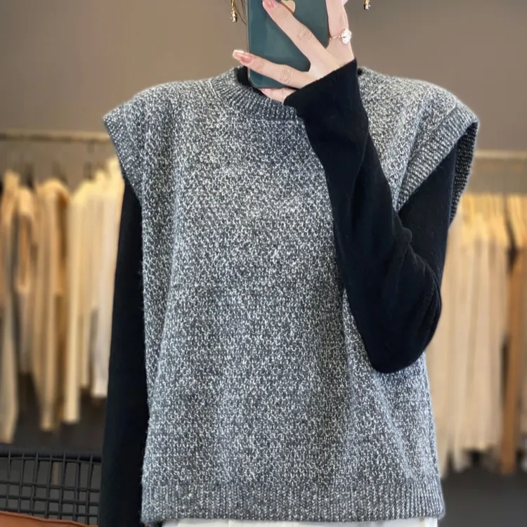 网红星空灰羊毛针织马甲百搭女圆领坎肩宽松无袖叠穿背心秋冬厚