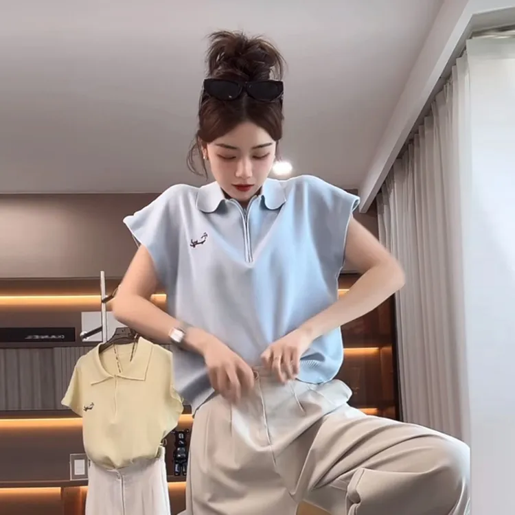 2025新款韩系蓝色半拉链polo领针织短袖夏季小个子短款学院风显瘦