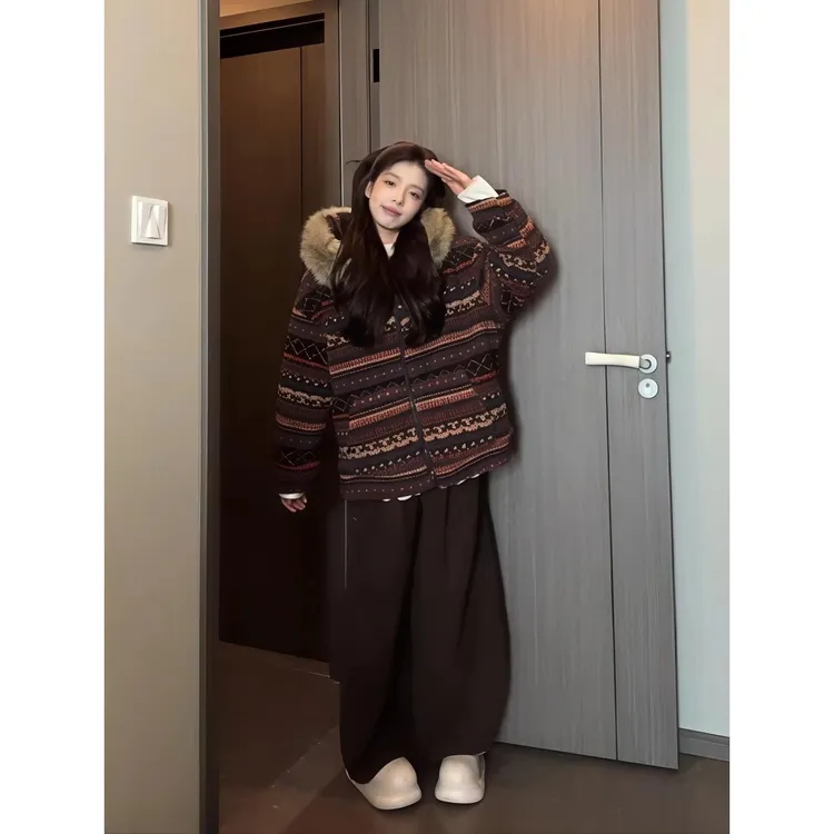 法式费尔岛提花毛领外套男装同款冬季加厚高级感保暖慵懒宽松上衣