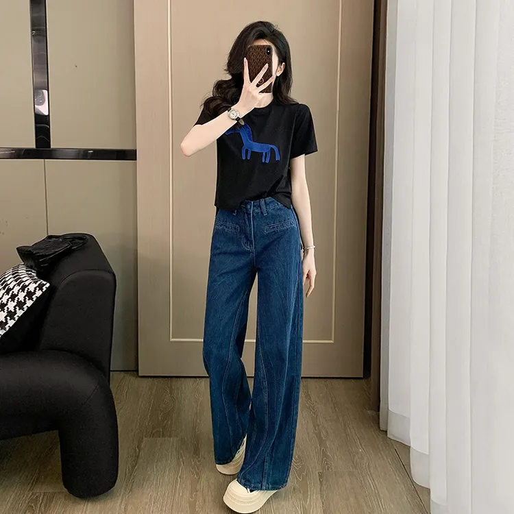 黑色圆领短袖t恤女夏季正肩辣妹上衣蝴蝶结牛仔裤阔腿微喇叭裤子