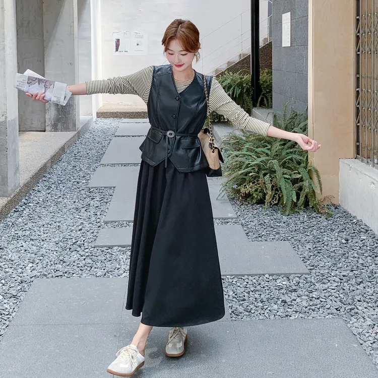法式复古御姐风马甲连衣裙套装女2025秋季新款撞色条纹长裙两件套