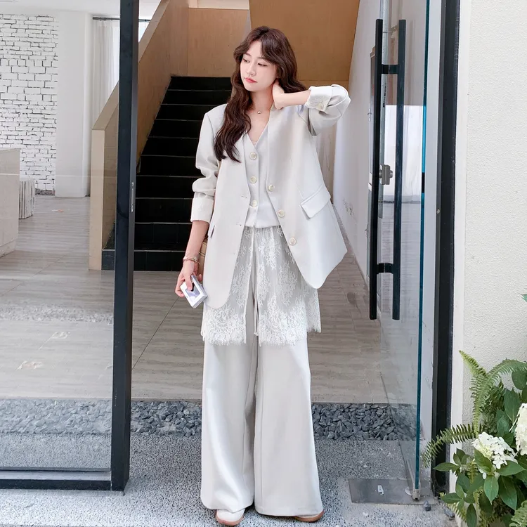 知性气质时尚西装套装女2025春秋新款轻熟高级感马甲阔腿裤三件套
