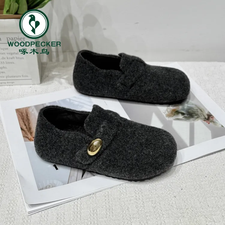 啄木鸟毛呢厚底勃肯鞋女2025秋冬季新款百搭内增高加绒毛毛棉鞋子