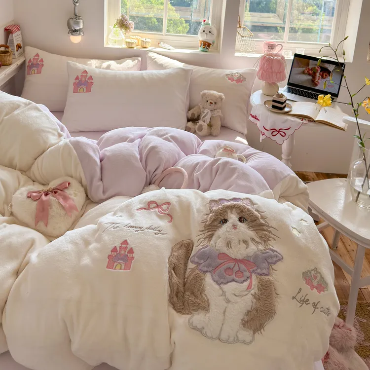 公主猫牛奶绒床上四件套卡通冬天加绒被套被罩宿舍床单三件套床品商品图