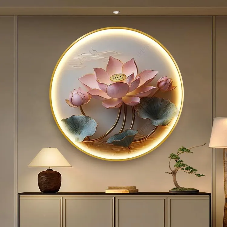 新中式圆形玄关带灯装饰画中国风荷花餐厅挂画客厅艺术LED灯壁画
