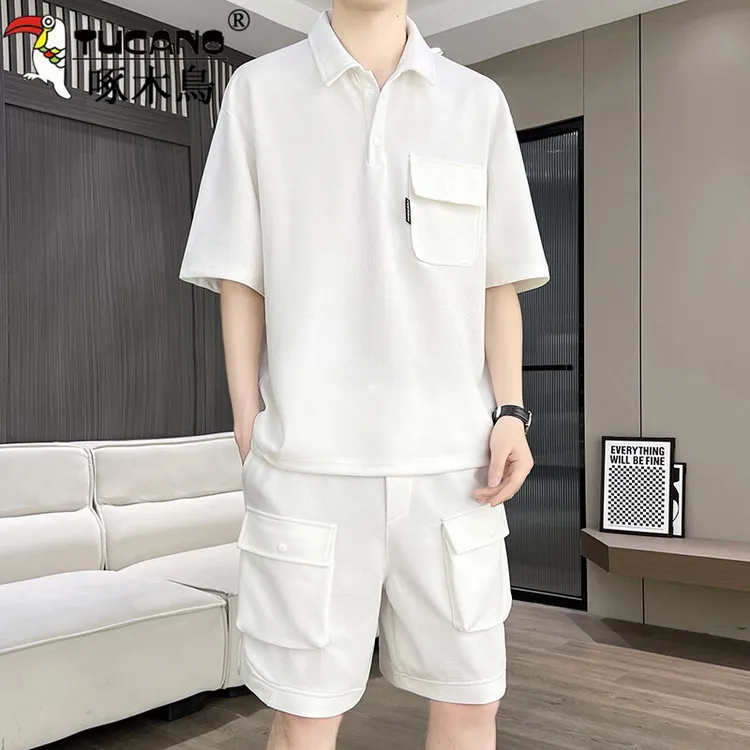 啄木鳥重磅短袖T恤男士POLO衫夏季潮流帅气休闲套装穿搭配一整套