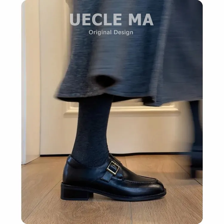 牛皮版~真皮软底乐福鞋女春秋通勤法式粗跟单鞋百搭英伦风小皮鞋