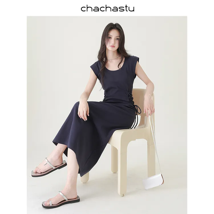 CHACHASTU 法式设计感藏青色U领针织长裙女夏季百搭收腰ZRS1725-1