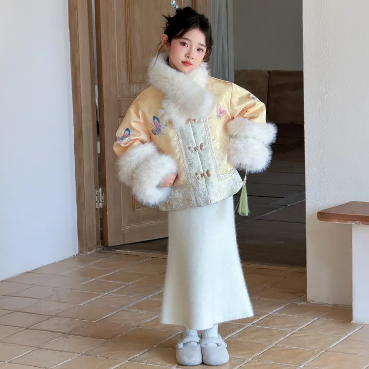 女童新年套装儿童复古中国风汉服羽绒服半身裙两件套改良拜年服潮