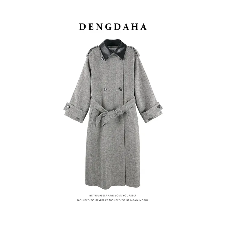 DENGDAHA「柏林英伦」老钱风纯色长袖单排开衫毛呢大衣HBZXP710093