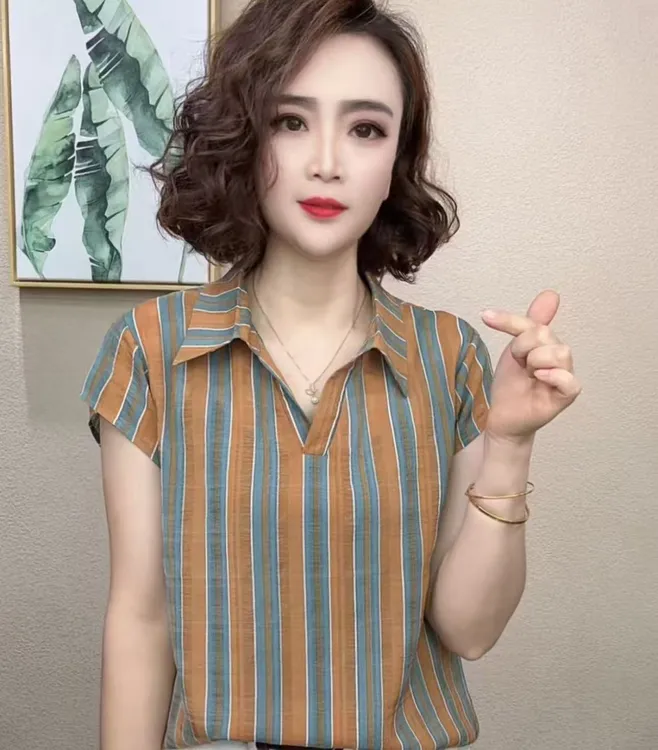 2025洋气百搭减龄显瘦竖条纹短袖女气质休闲T恤上衣#288