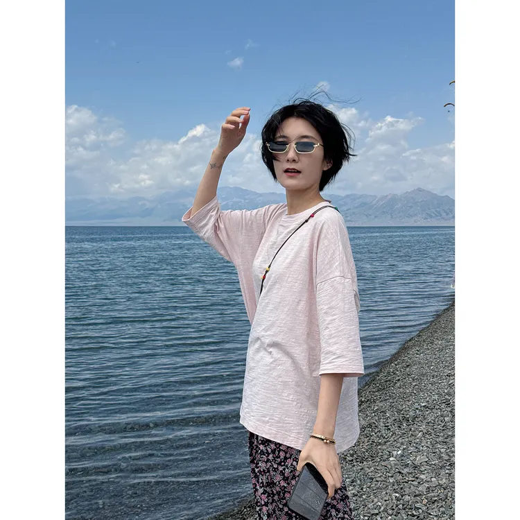 LANGQING 粉红色纯棉宽松夏季薄款圆领休闲柔软时尚T恤45309#
