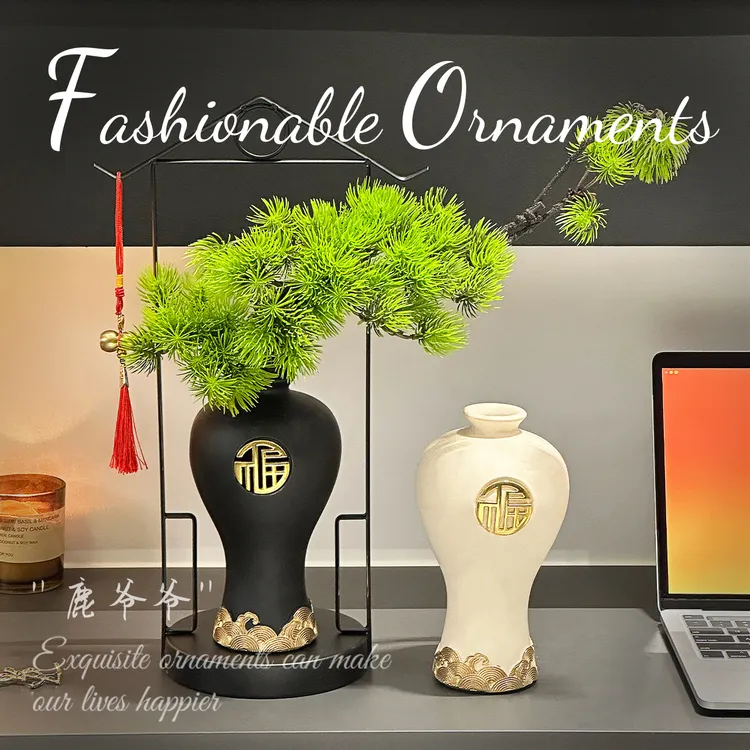 中式陶瓷花瓶轻奢高级感摆件客厅玄关插花创意中古艺术迎客松花