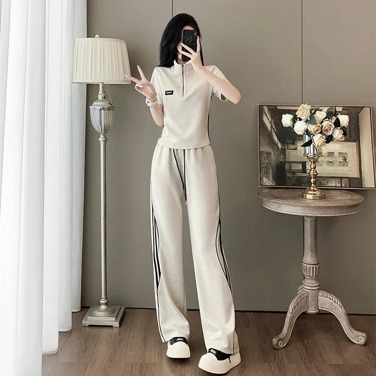 高级感休闲运动套装女夏季洋气收腰显瘦短袖高腰阔腿裤薄款两件套