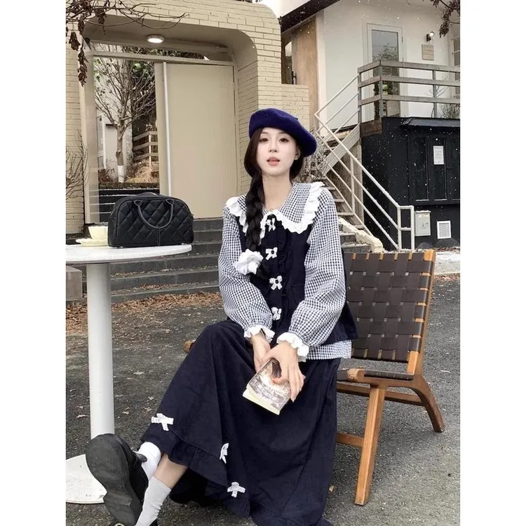 日系甜美娃娃领格子衬衫木耳边马甲半身裙2025春秋新款时尚套装女