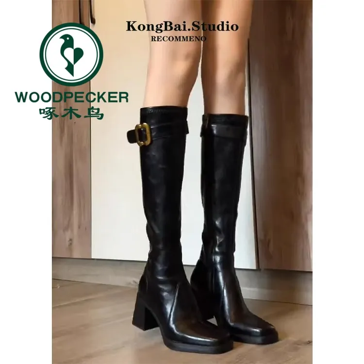 啄木鸟辣妹高跟长筒靴女款2025新款秋冬不过膝长靴皮带扣骑士靴子