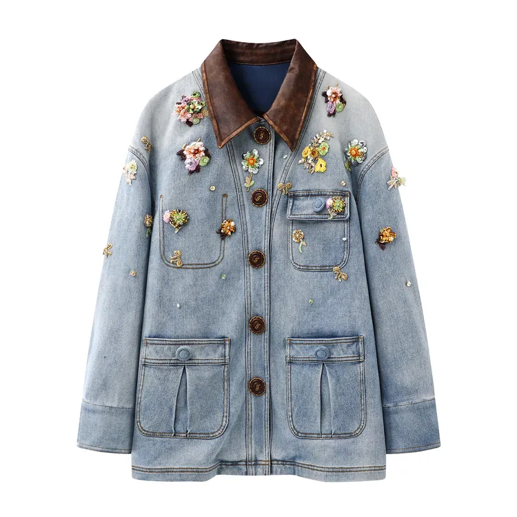 2025冬新款女时尚廓形巴恩风花朵珠饰牛仔棉服上衣LF25D21NC030