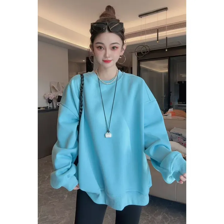 加绒加厚圆领宽松套头卫衣女冬季2025新款韩版大版卫衣5058