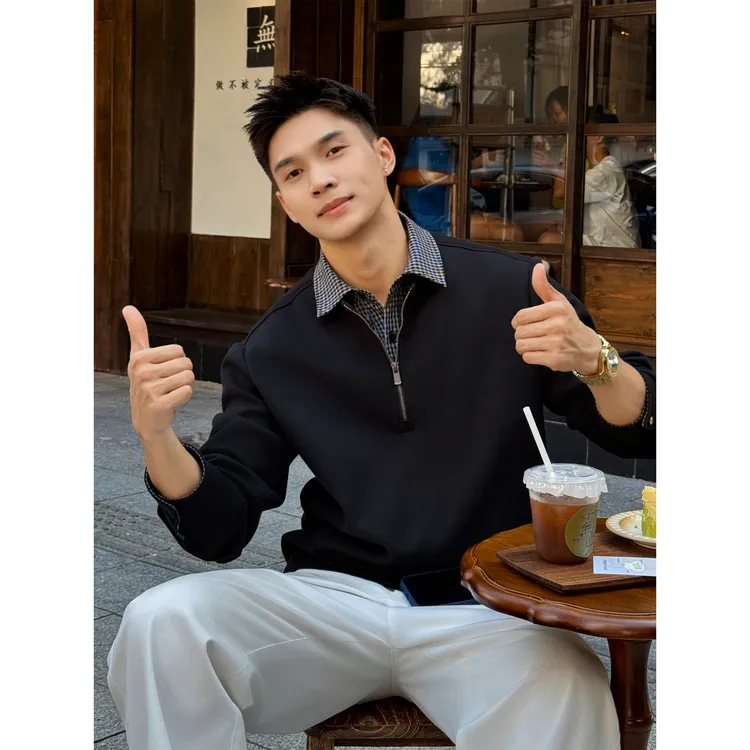 『都市周末』秋季新贵设计感拼接千鸟格男士假两件长袖POLO衫