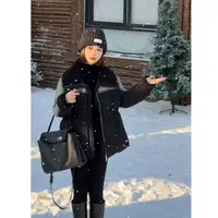 【牛仔袖鹅绒服】冬季羔毛翻领提花拼接鹅绒服中长款个性面包服