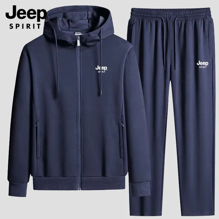 JEEPSPIRIT吉普纯棉连帽运动套装男春秋冬款加绒中老年跑步两件套