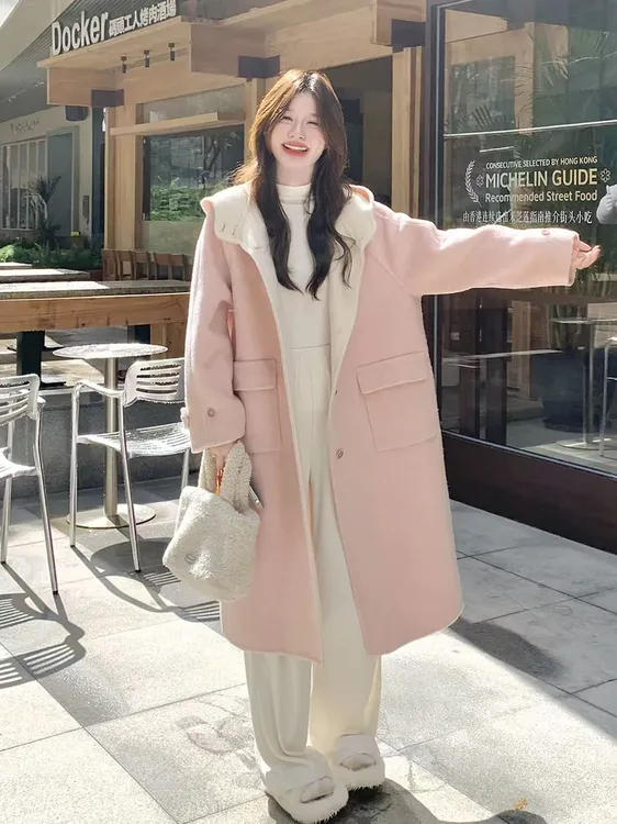连帽双面羊毛大衣女长款2025秋冬新款韩版单排扣羊毛外套86053