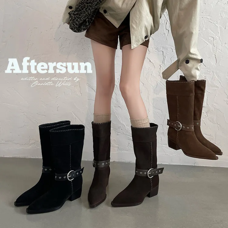 明星同款褶皱堆堆靴复古两穿长靴女2025新款尖头西部骑士靴