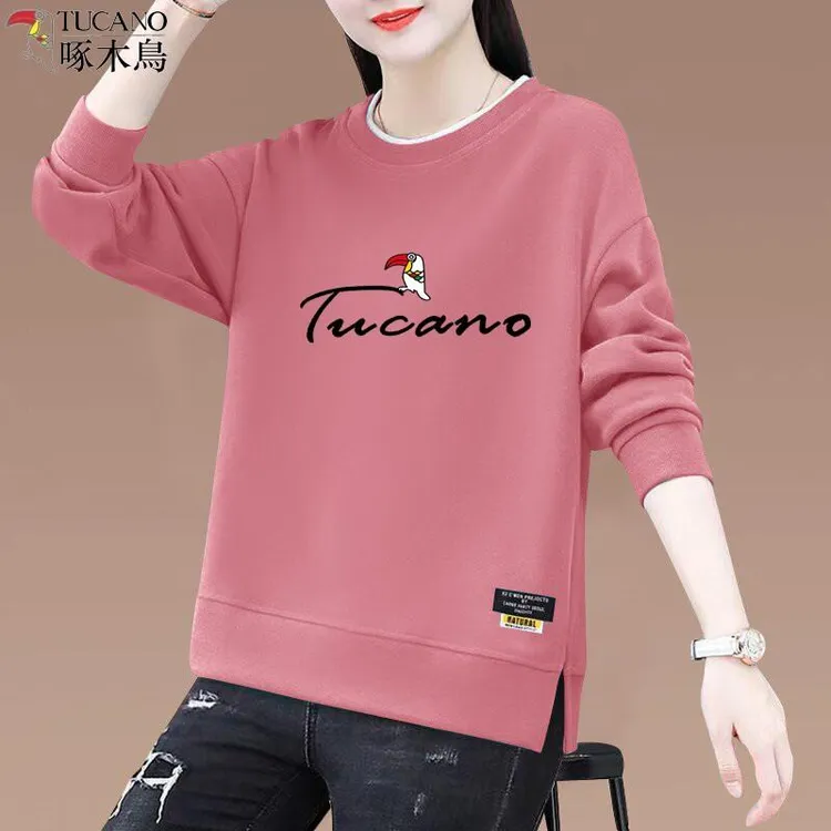 啄木鸟秋冬中年纯棉圆领卫衣女新款时尚宽松显瘦百搭减龄妈妈上衣