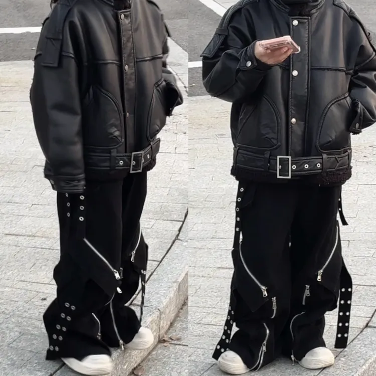 五乐乐家儿童秋冬新款潮酷美式多拉链重工牛仔裤直筒宽松长裤