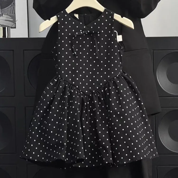 童装25新款女童黑色波点连衣裙夏季洋气甜美公主裙儿童时尚背心裙