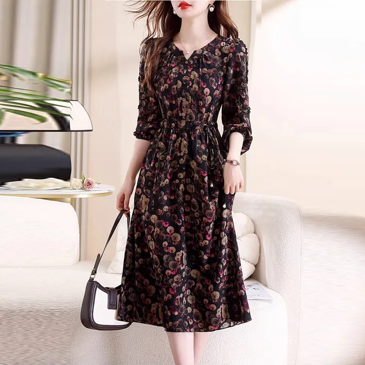 恒源祥集团彩羊复古长袖连衣裙女装春款高端雪纺妈妈收腰碎花裙子