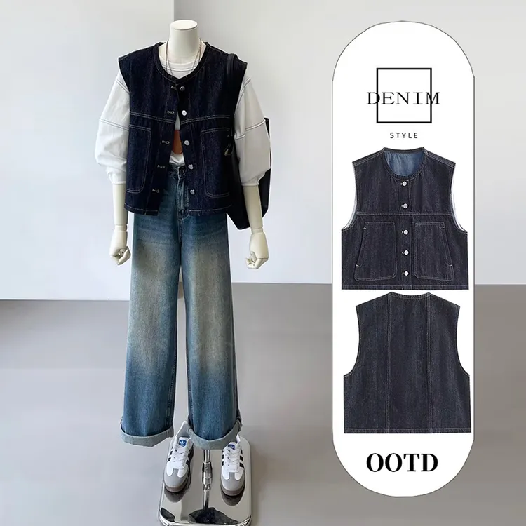 【李佳丽定制】350圆领牛仔马甲女夏季小个子设计感韩系无袖时尚ins