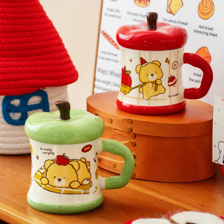 可爱小熊情侣创意带盖勺喝水马克杯高颜值陶瓷咖啡杯生日礼物杯子