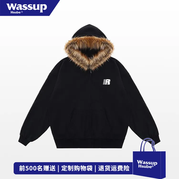 WASSUP HSUBE复古毛领开衫连帽卫衣男女秋冬简约字母印花拉链外套