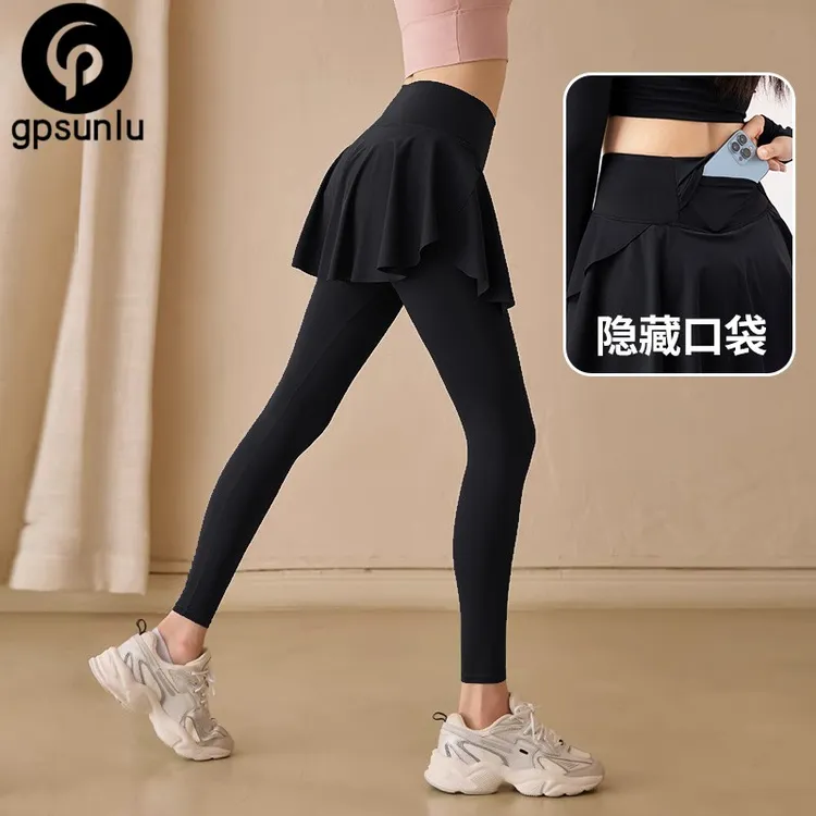 假两件运动长裤女秋冬高腰防走光健身裤羽毛球服跑步瑜珈裤裙叠穿
