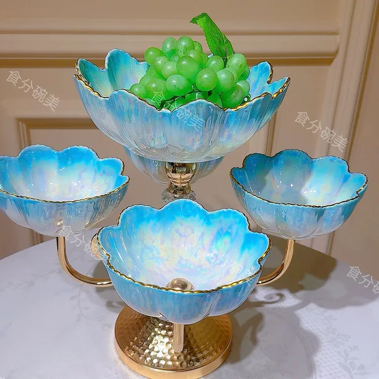 珠光 渐变蓝色五朵花陶瓷双层高脚果盘水果零食盘高档大气