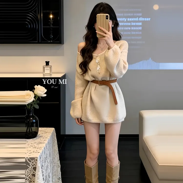 法式气质V领露肩针织连衣裙配腰带女秋季新款收腰长袖包臀短裙子