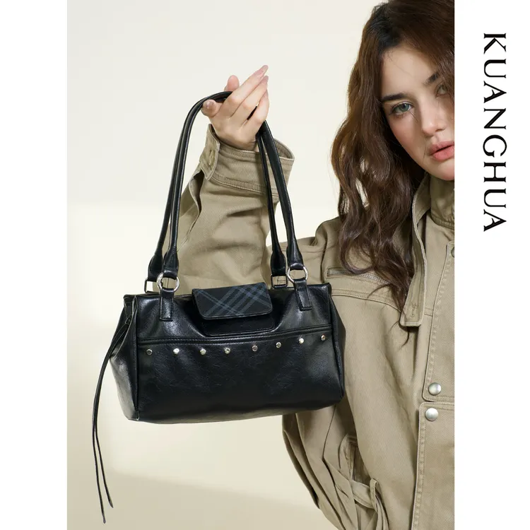 哐花村2025复古黑色托特包腋下女通勤单肩斜挎包软皮百搭手提包