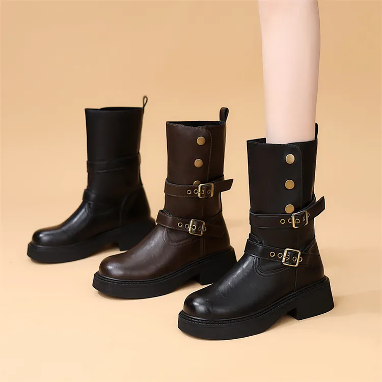 厚底美拉德马丁靴女2025新款冬季复古西部骑士靴增高棕色两穿短靴