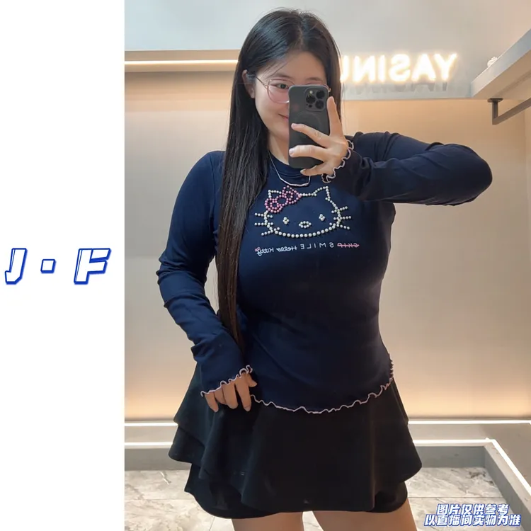 JF定制大码8866圆领卡通ins风钉珠kt猫木耳边修身弹力加绒打底衫