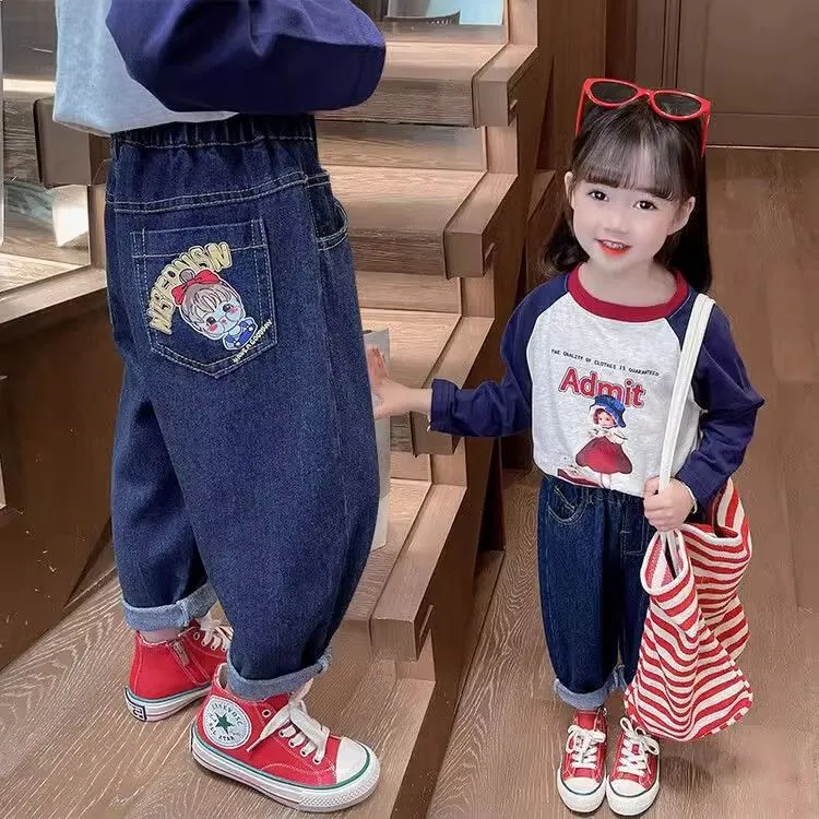 女童牛仔裤春秋2025新款女孩长裤小童印花裤子女宝运动韩版老爹裤